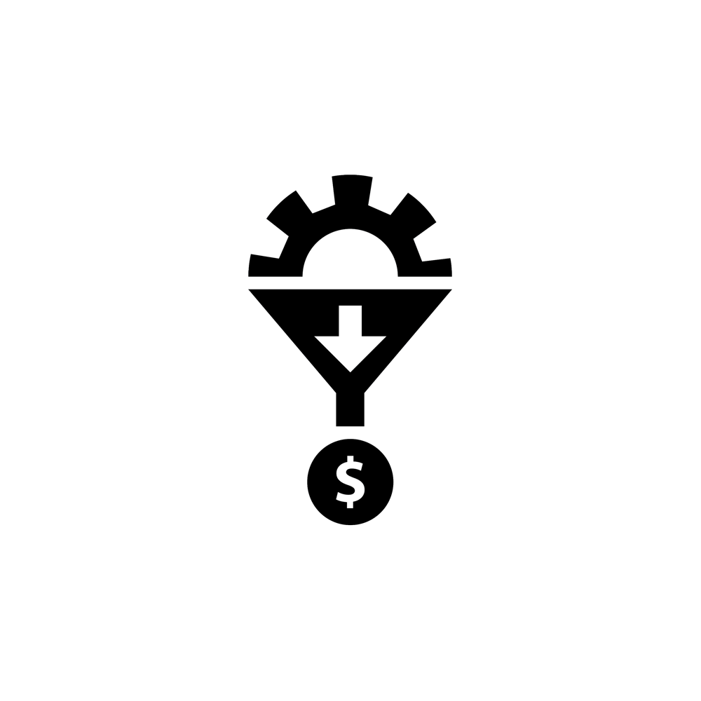 Icon of a gear in a funnel producing a coin